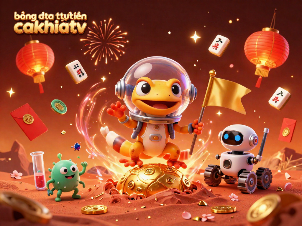 Experience bóng đá trực tuyến cakhiatv with 3D gecko exploring a treasure-filled casino, vibrant celebration.
