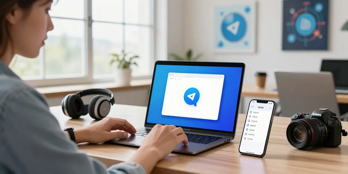 Switching Telegram Chinese settings in a modern workspace with tech gadgets.