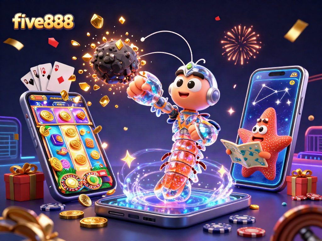 Experience the thrill of five888 with a vibrant casino scene featuring golden coins and slot games.