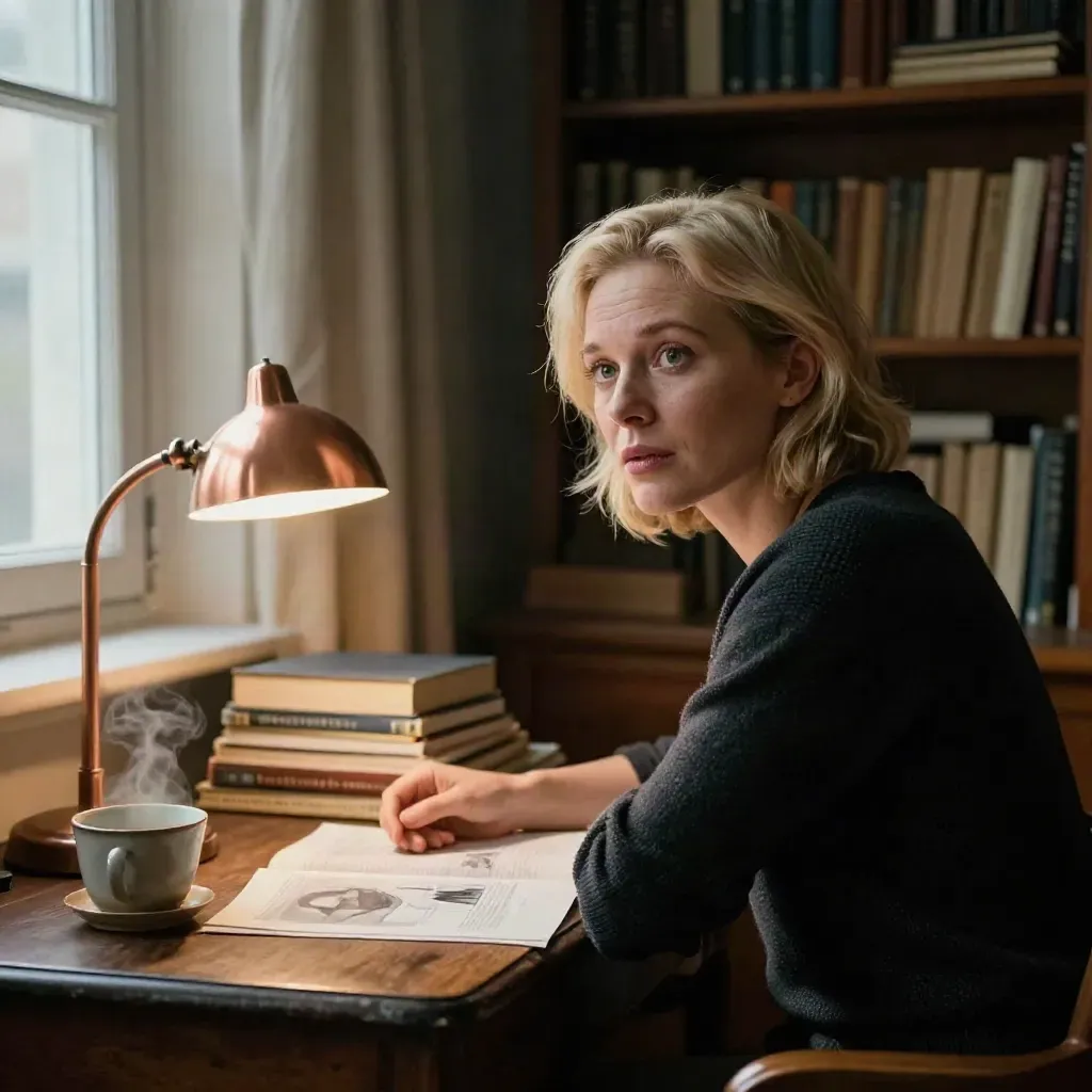 Lina Wolff i en varm läshörna med böcker, kopparlampa och fönsterljus.