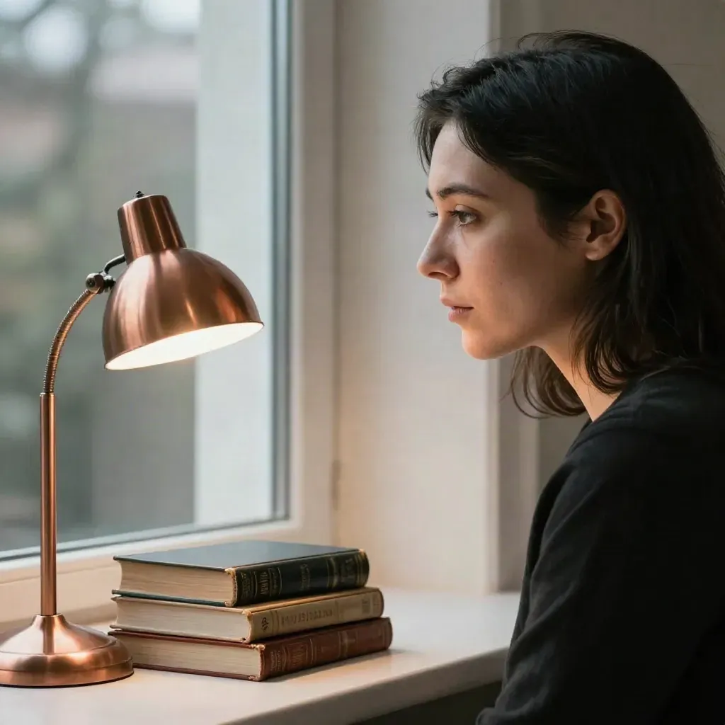 Nina Wähä i profil vid fönsterljus, med kopparlampa och böcker i ett intervjuhörn.