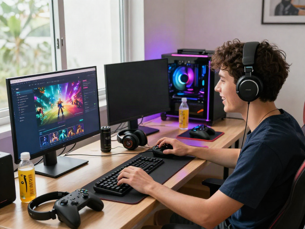 Engaged player thrilled at the ROKOK88 login screen, surrounded by gaming gear.