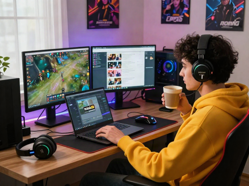 Engaging gamer exploring rokok88 daftar in cozy home setup with dual monitors.