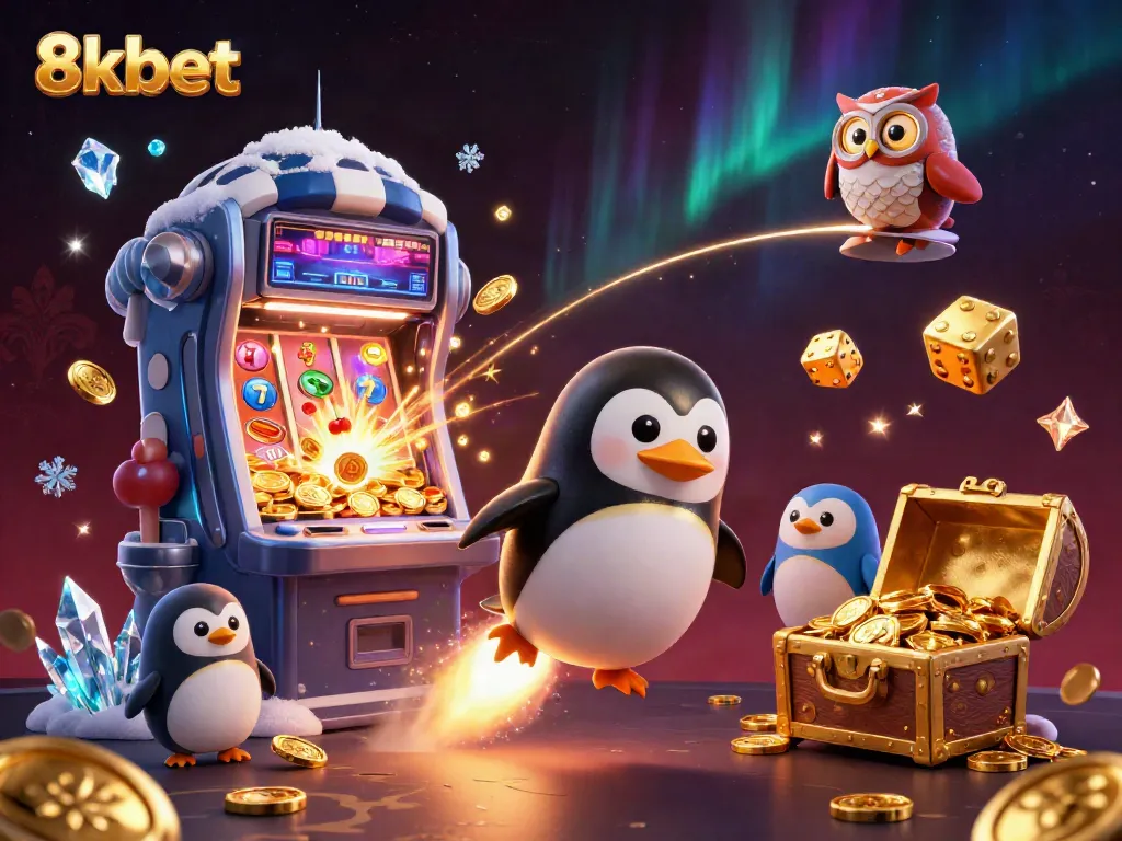 Experience thrilling action with 8xbet featuring a golden penguin and jackpot explosions in a vibrant casino atmosphere.
