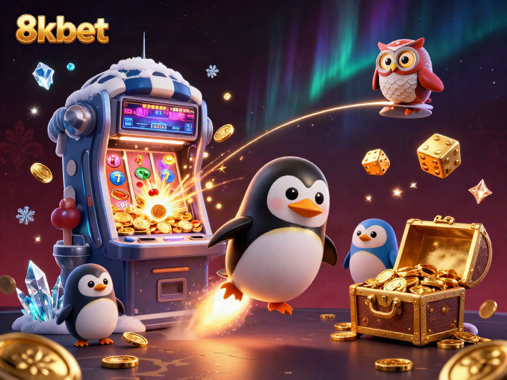 Experience thrilling action with 8xbet featuring a golden penguin and jackpot explosions in a vibrant casino atmosphere.