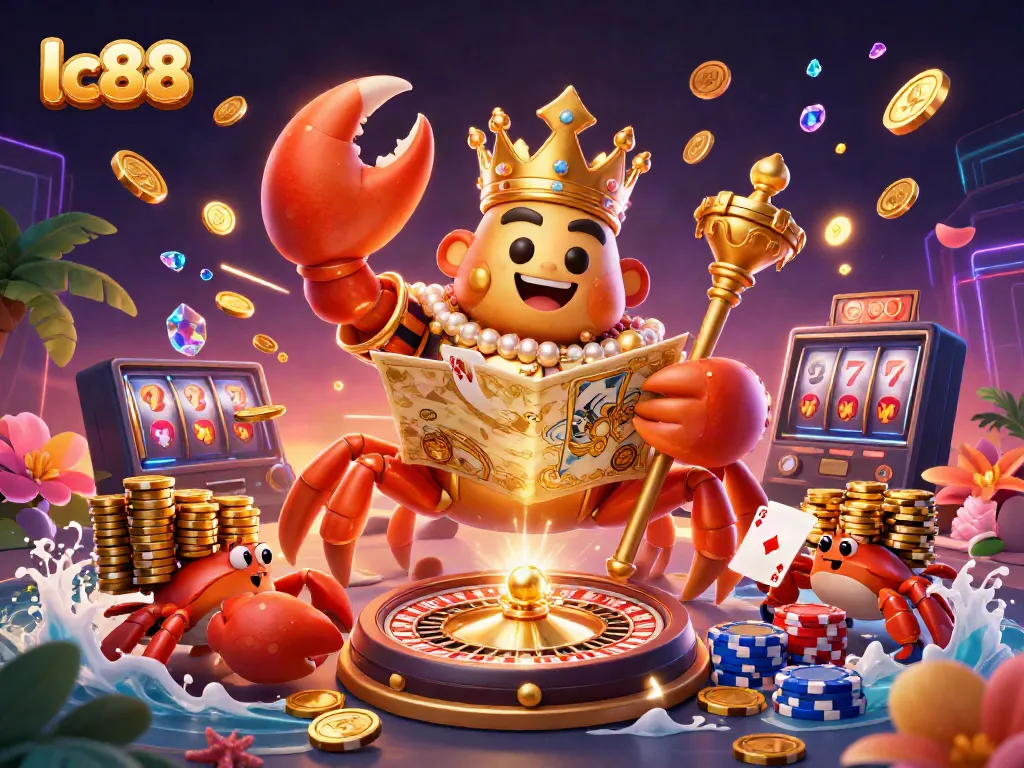Experience the excitement of lc88 with a vibrant fantasy casino scene featuring a golden crab emperor and dazzling symbols.
