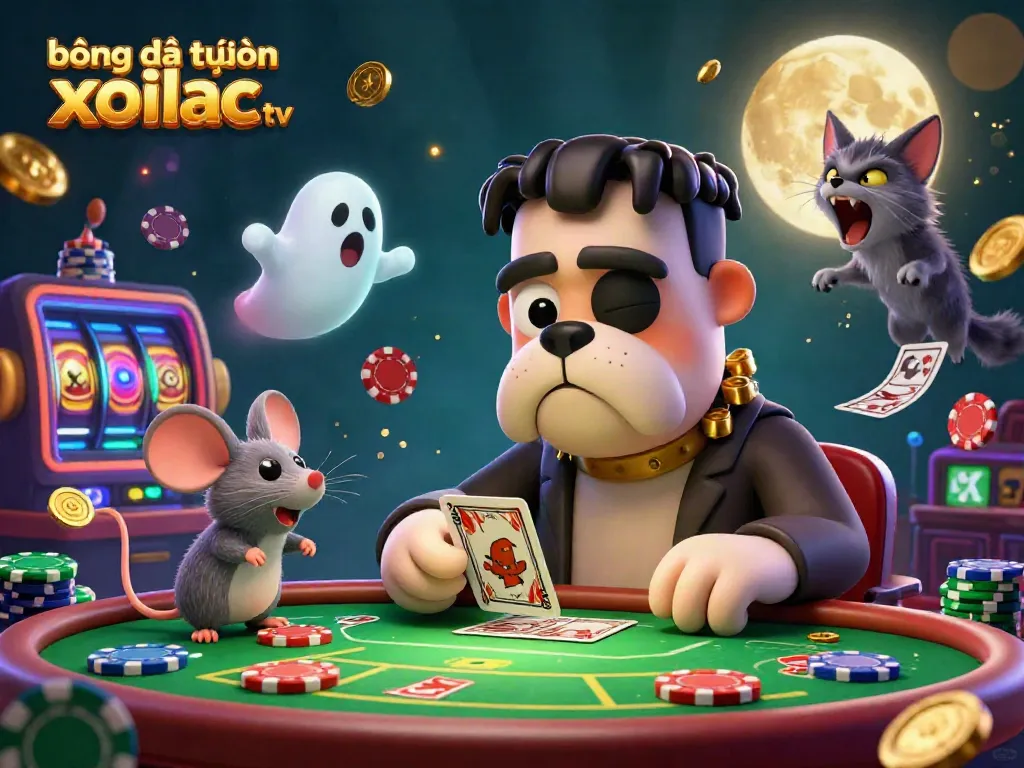 Engaging illustration of a casino scene with cartoon characters themed around bóng đá trực tuyến xoilac tv, showcasing dynamic card dealing and vibrant betting elements.
