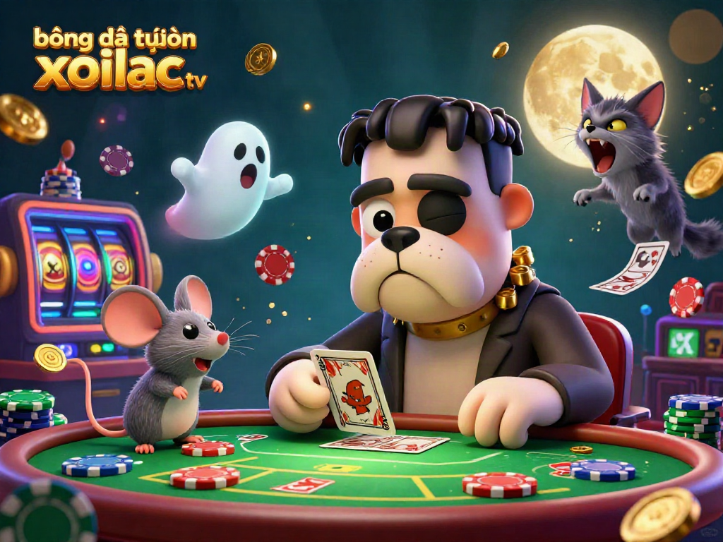 Engaging illustration of a casino scene with cartoon characters themed around bóng đá trực tuyến xoilac tv, showcasing dynamic card dealing and vibrant betting elements.