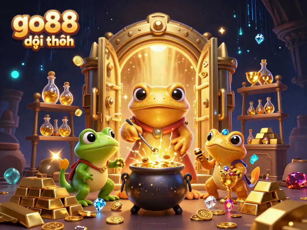 Experience go88 đổi thưởng with a vibrant scene depicting rich treasures and alchemists in action.