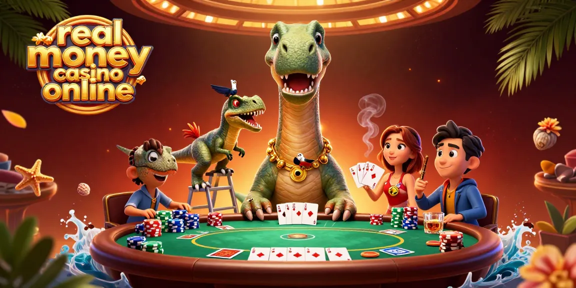 Experience the thrill of real money casino online with a fun cartoon dinosaur poker scene.